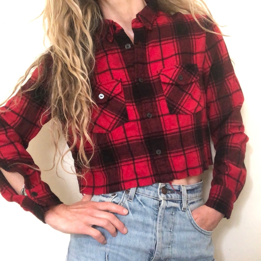 TNA Wool Boyfriend Fit Red Black Plaid Shirt Cropped XXS EUC